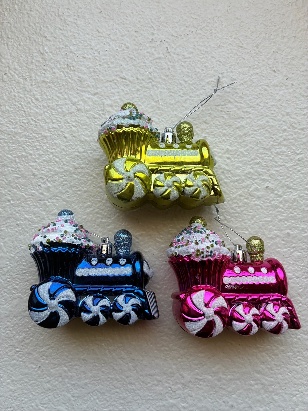 Set of Three Cupcake Train Locomotive Plastic Holiday Time Christmas Ornaments